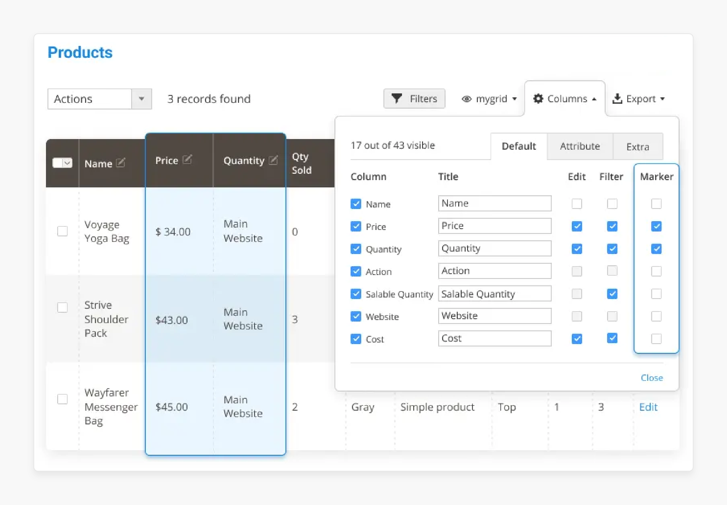 Customize columns in the Magento 2 Enhanced Product Grid