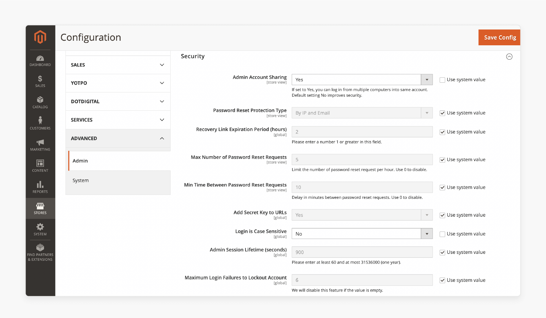 Under the Security tab, locate the Admin Session Lifetime field