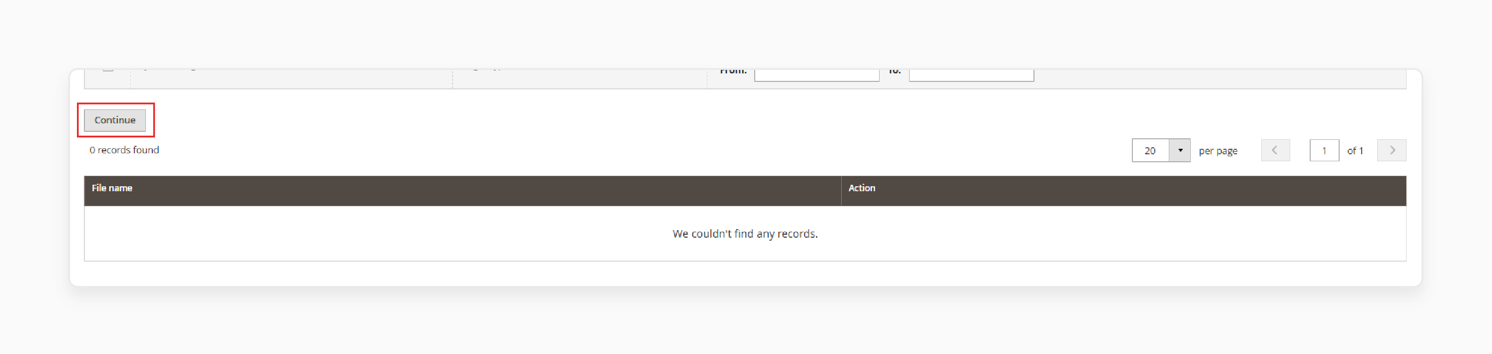 Click Continue to export CSV in Magento 2