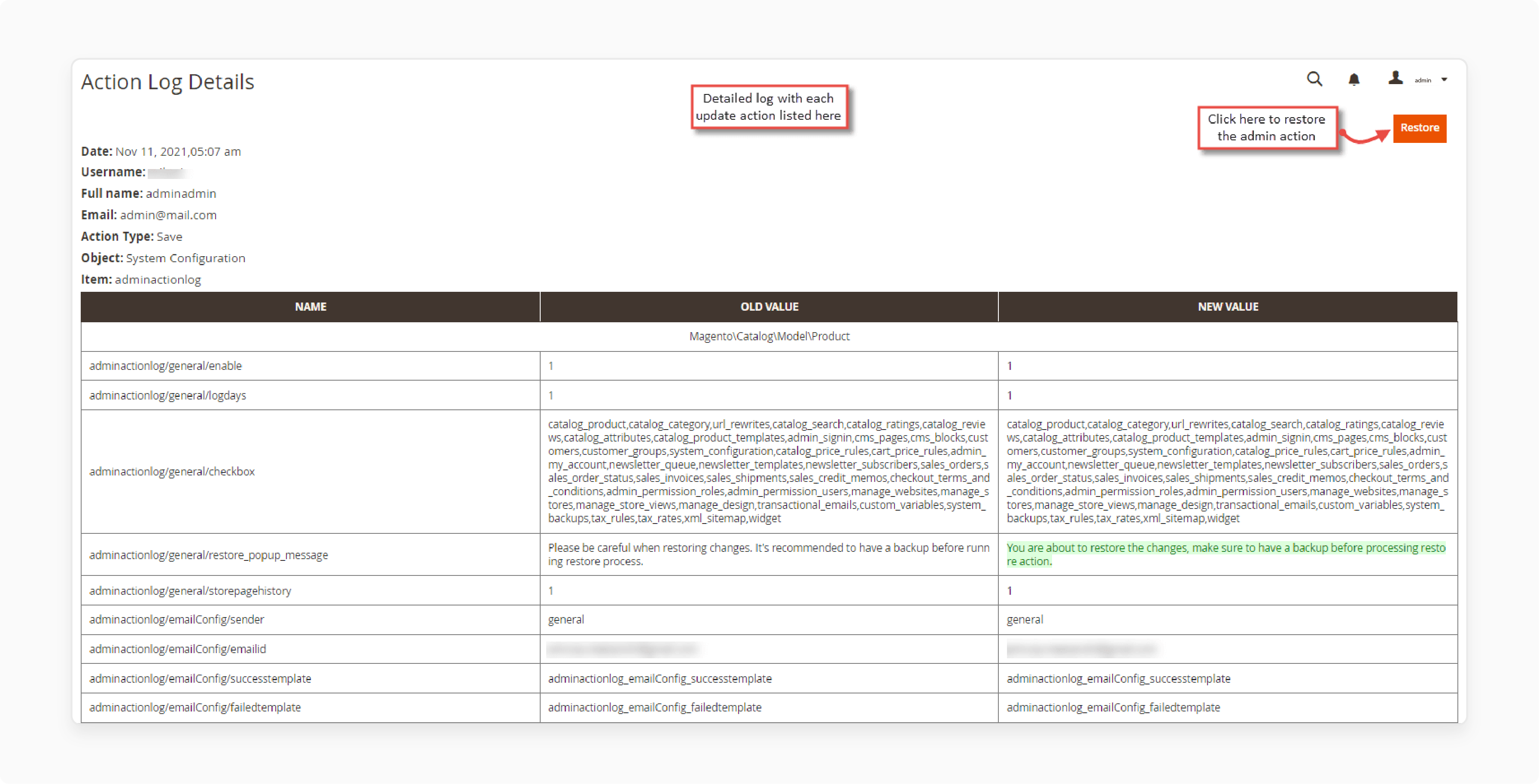 Rollback &amp; Restore Options of Admin Action Log Magento 2
