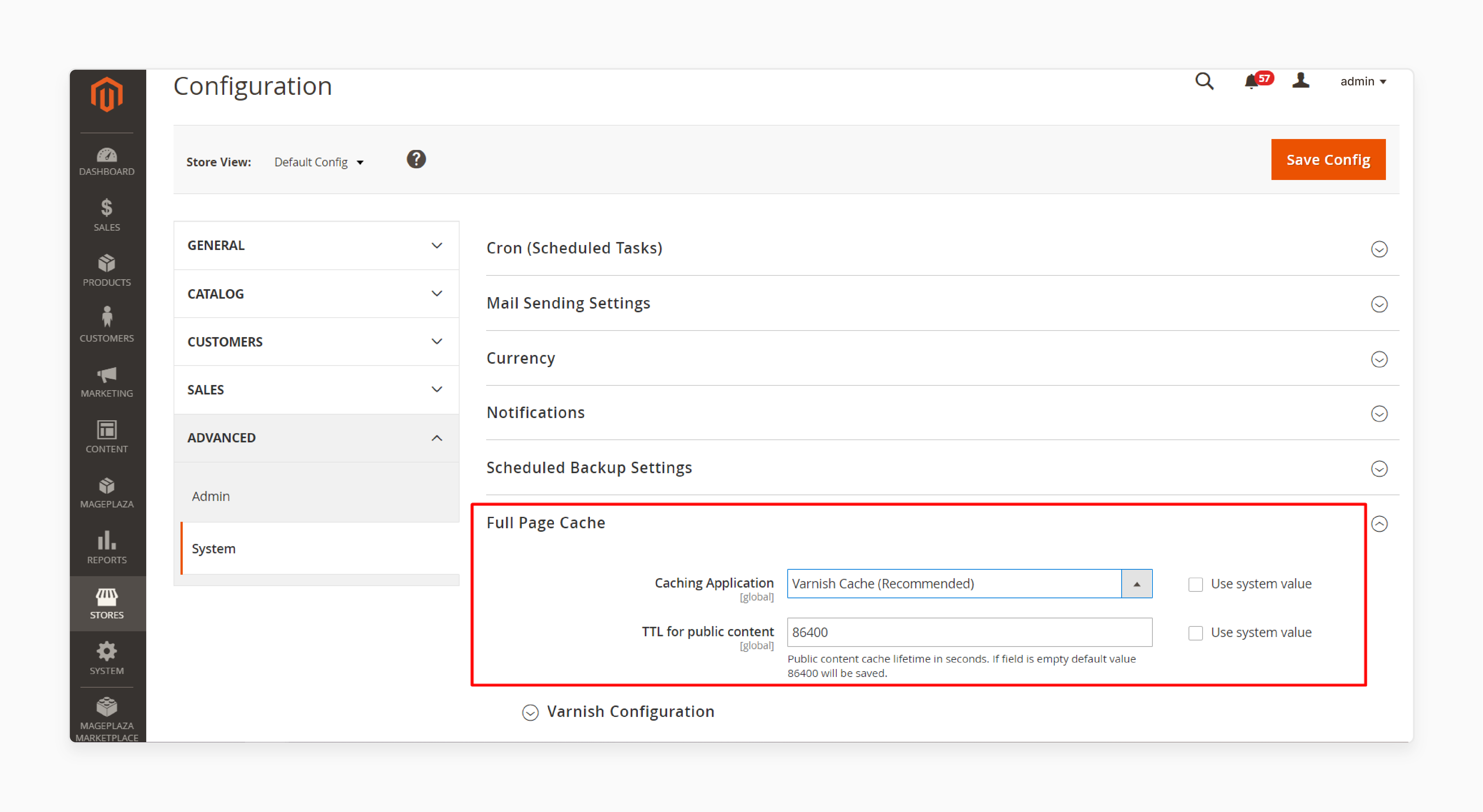 Magento 2 admin panel showing Full Page Cache configuration using Varnish