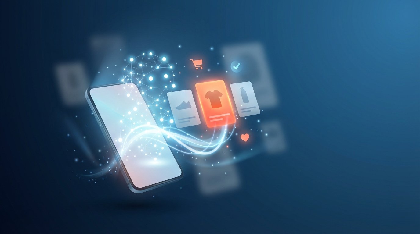 AI-powered shopping experience showing a smartphone with floating product cards and intelligent product selection