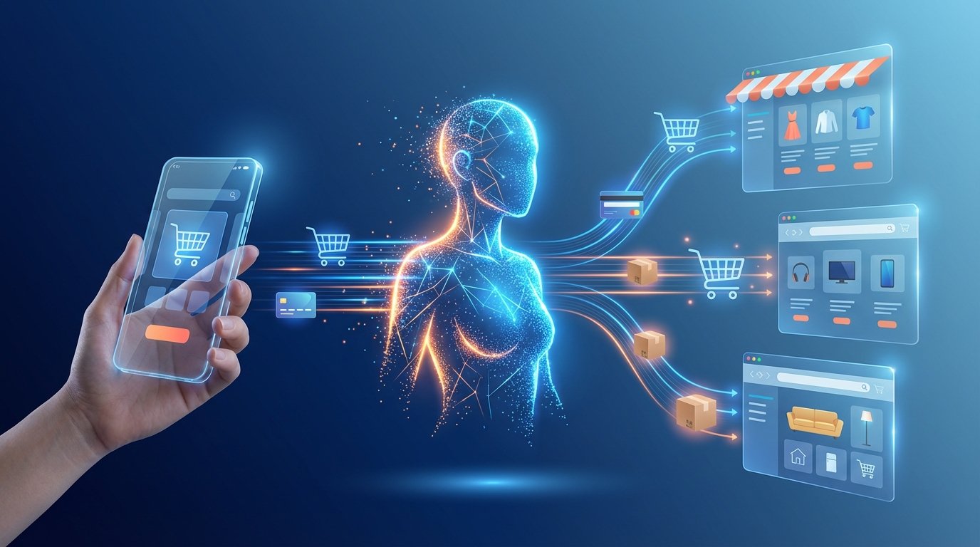 Agentic commerce visualization showing an AI assistant connecting a customer's smartphone to multiple online stores and completing purchases autonomously